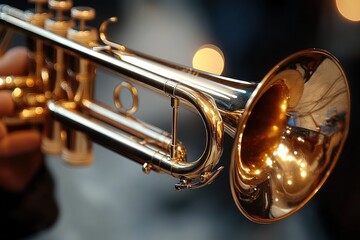 Fototapeta premium Close-up view of a shiny brass trumpet being played with a blurred background and warm light reflections