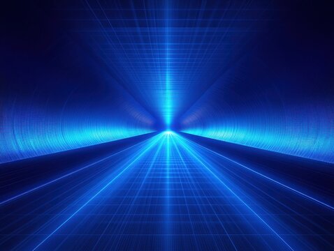 Futuristic glowing blue tunnel with grid lines converging into bright light at the center creating a sense of depth and motion