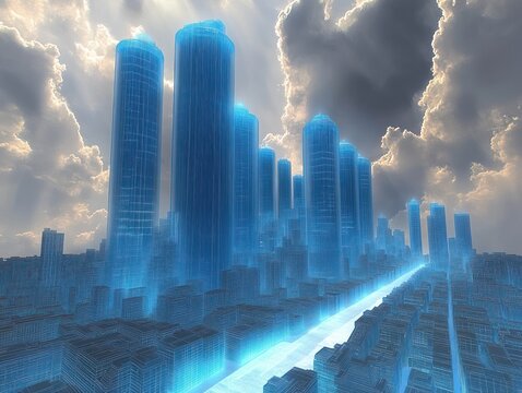 Futuristic digital cityscape with tall glowing blue skyscrapers under dramatic cloudy sky emitting rays of light