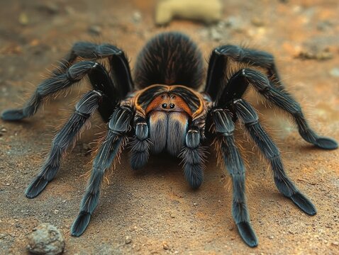 Close-up image of a large hairy tarantula spider on a brown earthy surface showing detailed legs and body