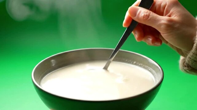 Hand holding spoon stirring soup slowly &mdash; chroma key