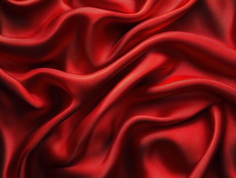 Close-up of smooth, shiny red satin fabric with soft folds and gentle light reflections creating a luxurious and elegant texture