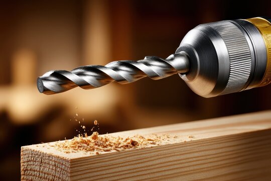 Precision drilling: a drill bit hovering above wood creating fine sawdust