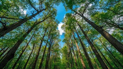 Fototapeta premium A vibrant composition of trees surrounding a clear blue sky, showcasing a thriving forest below, seasonal change