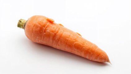 Isolated deformed carrot on white background, showcasing irregular shape and texture, food safety awareness