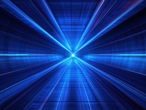 Futuristic glowing blue tunnel with dynamic light streaks converging toward bright center creating a high-speed motion effect