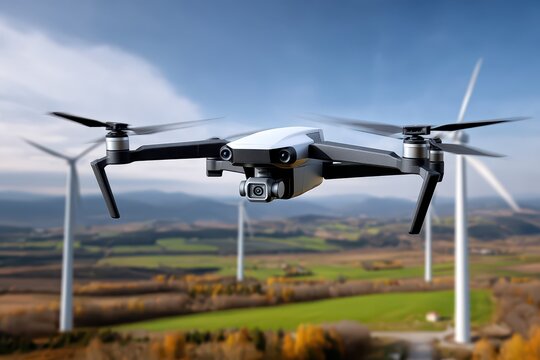 Modern drone flying over wind turbines, representing sustainable green energy.