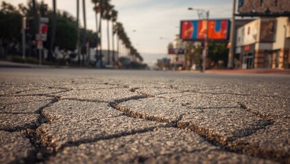 Fototapeta premium Cracks visible on pavement in an urban setting, highlighting potential erosion risk