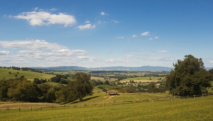 A vibrant green landscape featuring rolling hills and distant mountains beneath a bright blue sky, showcasing seasonal change