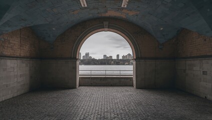 Stone archways overlooking a river and shoreline from an unused structure in a park, highlighting urban decay