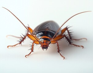 close-up of a shiny black and orange cockroach with long antennae on a white background showing detailed legs and body segments