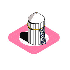 Isometric illustration of a white water tower with a yellow band and a blue ladder on a pink square base 