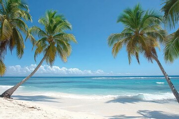 Fototapeta premium Bright sunny tropical beach with clear blue sky, turquoise sea, white sand shore, and tall green palm trees casting shadows