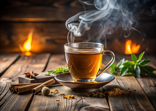 Indian tea with steam on wooden table