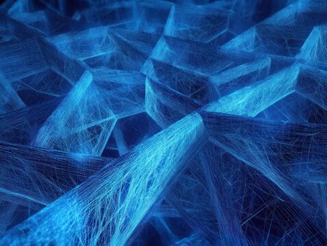 Intricate network of glowing blue interconnected geometric shapes and lines forming a complex abstract structure with a digital and futuristic feel