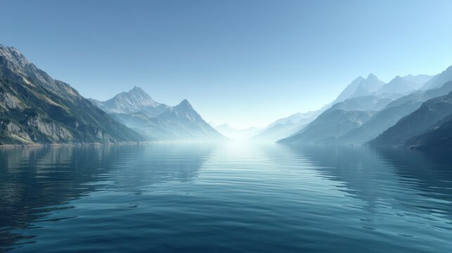 Serene Mountain Lake with Calm Waters and Misty Horizons Under Bright Clear Blue Sky in a Tranquil Natural Landscape