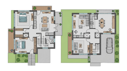 Detailed Floor Plans of Two Modern Houses with Interior Design Elements