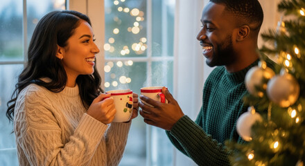 Joyful interracial couple toasting with mugs of hot chocolate near a Christmas tree, celebrating the holiday season with warmth and affection.