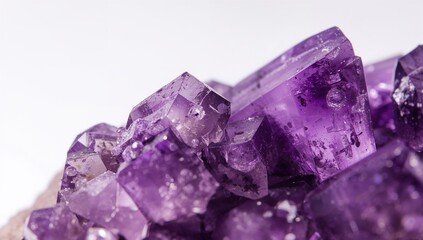 Fototapeta premium Close-up of purple amethyst mineral clusters on a white surface, adding a mineral-rich texture for design purposes