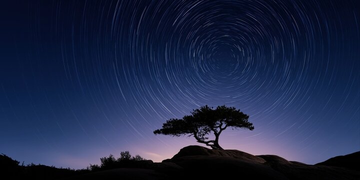 Star trails over lonely tree on hill at night