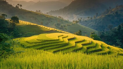 Terraced rice fields awaiting harvest in a mountainous landscape, agricultural productivity