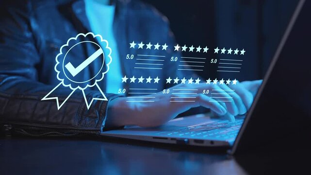 Online rating and customer feedback system on a digital interface, best service quality with 5.0 rating and guarantee satisfaction icon, product certification, ISO standards, and top-quality service