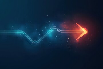 Glowing digital arrow with blue curved neon lines pointing right on dark background with particle effects illustrating progress and direction