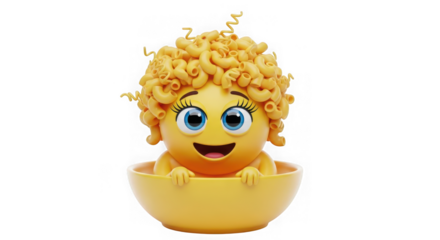 Happy 3d emoji character with curly pasta hair in yellow bowl
