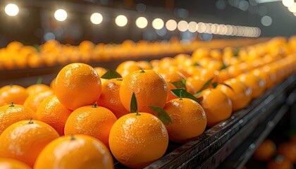 Close Up Rows of Fresh Oranges on Conveyor Belt in Factory with Bright Industrial Lighting