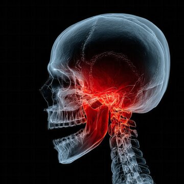 Illuminated medical scan highlights inflammation and pain in the human temporomandibular joint region