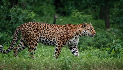Obraz premium Wild male leopard in full side view during monsoon in lush green forest, on the move during an outdoor jungle safari