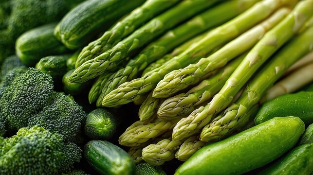 Assortment Of Fresh Green Vegetables Including Asparagus, Broccoli And Cucumbers. Healthy Eating, Vegan Diet And Organic Food