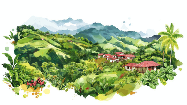 Coffee Cultural Landscape - Eje Cafetero. Coffee Cultural Landscape - Eje Cafetero hand drawn watercolor illustration