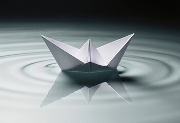 close up of a small white origami paper boat on calm water