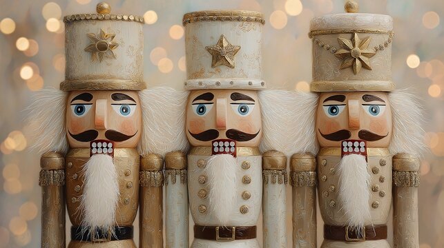 Close-up oil painting of three festive nutcrackers with Christmas decor in neutral tones of off white and gold