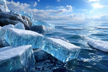 Blue ice chunks floating in clear ocean water under a bright sunny sky.