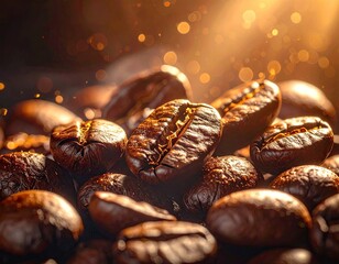 Close Up Shot of Coffee Beans with Golden Light and Bokeh Background