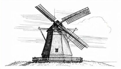 Black and white sketch of traditional windmill with wooden sails and stylized rural landscape