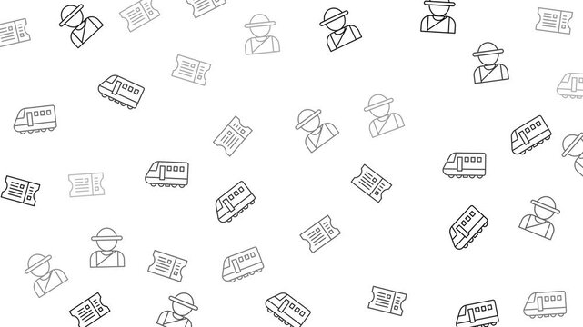 Pattern of tickets, trains, people in sunhats. Suitable for travelthemed designs, vacation promotions, transportation concepts, or summer events.