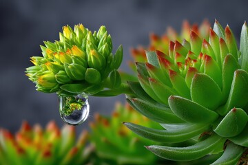 Obraz premium Vibrant succulent plant with a shimmering water droplet reflecting its form.