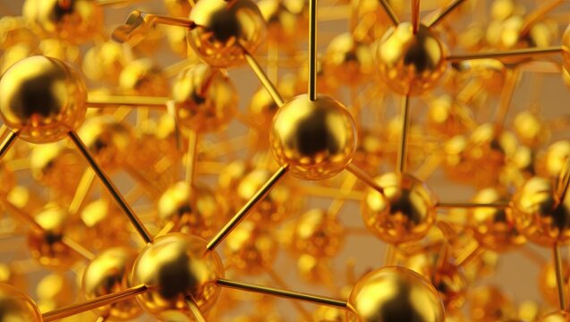 Golden molecular structure with atom and bond connection in 3d render
