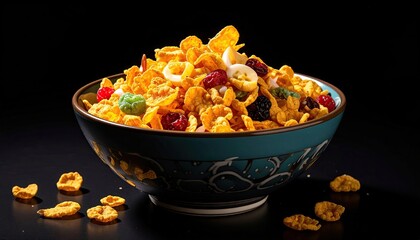Close Up Shot of Golden Cereal Mixed with Colorful Candies and Fruits in a Blue Patterned Bowl on a Black Background Highlighting Texture and Color
