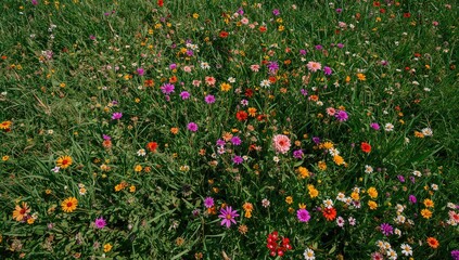 Fototapeta premium Wildflowers flourishing in a vibrant green field, showcasing nature's diversity and beauty
