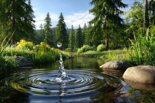 Refreshing water droplet creating a vibrant splash in forest stream.