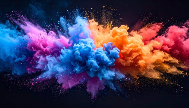 Multicolored powder explosion against dark background for editorial abstract photography vibrant design decor and poetic energy-themed visuals - Powered by Adobe