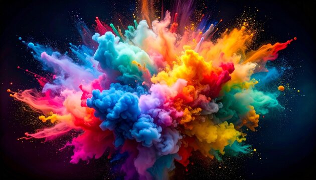 Multicolored powder explosion against dark background for editorial abstract photography vibrant design decor and poetic energy-themed visuals