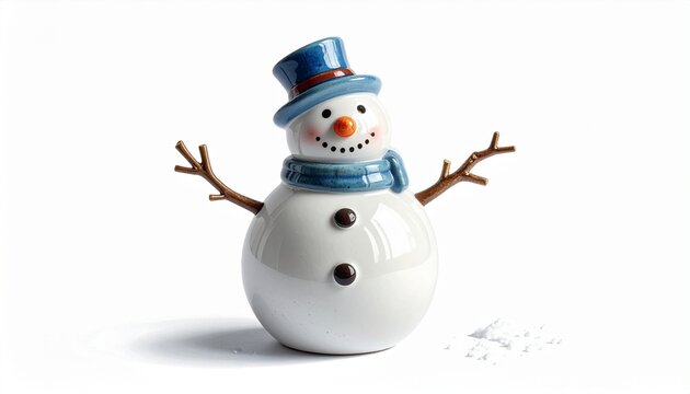Festive ceramic snowman figurine with blue top hat, scarf, twig arms, and glossy finish on white surface for editorial winter photography holiday decor and poetic nostalgia-themed visuals