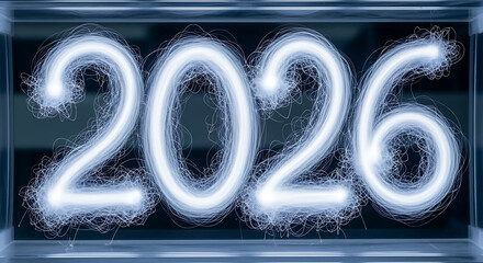 Glowing futuristic numbers 2026 illuminate a modern digital future