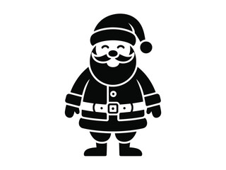 A stylized black and white silhouette of Santa Claus stands with a cheerful expression.