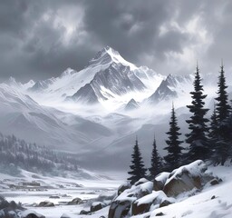 Obraz premium Winter storm over mountain peaks, heavy snowflakes falling